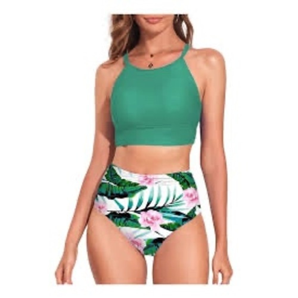 High Neck Bikini Set Emerald Green Tropical Floral High Waisted Swimsuit XS